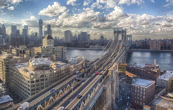 Авто, мост, река, вид, здания, Нью-Йорк, Бруклин, США