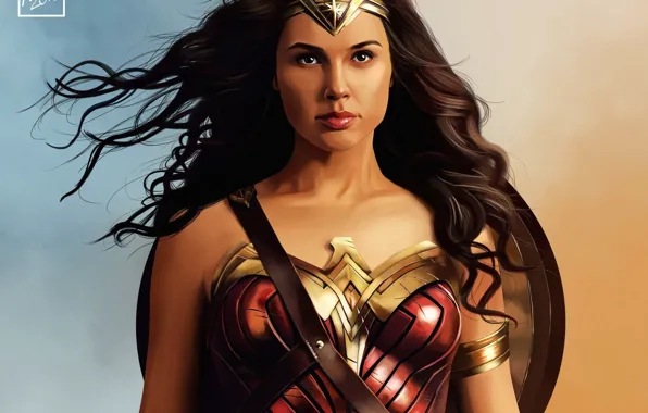 Картинка girl, Wonder Woman, armor, brunette, shield, Diana