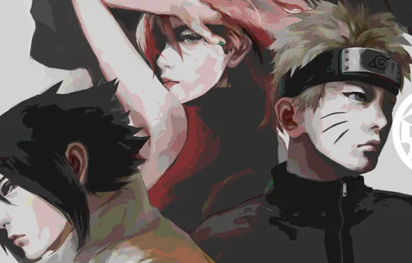 Naruto, art, Sasuke Uchiha, Sakura Haruno, Naruto Uzumaki, realistic art, by 四月