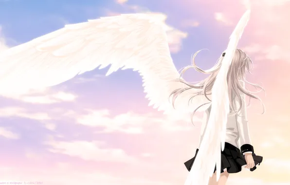 Небо, девушка, облака, крылья, ангел, аниме, арт, angel beats!