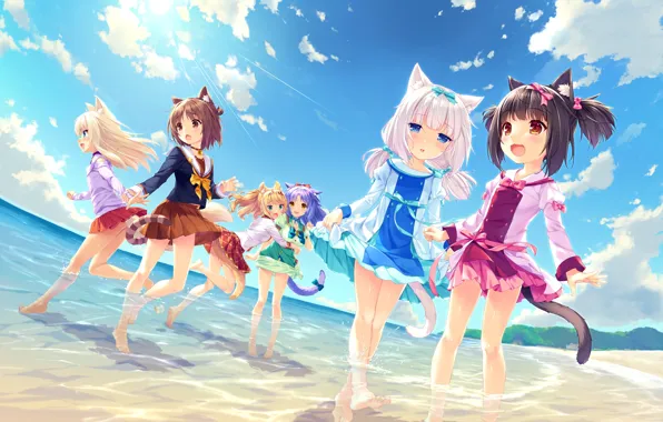 Вода, Пляж, Девушки, Лето, Nekopara