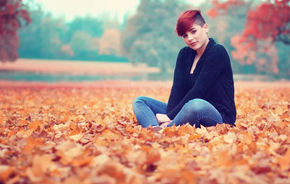 Листья, девушка, спокойствие, girl, leaves, serenity, fall, падают