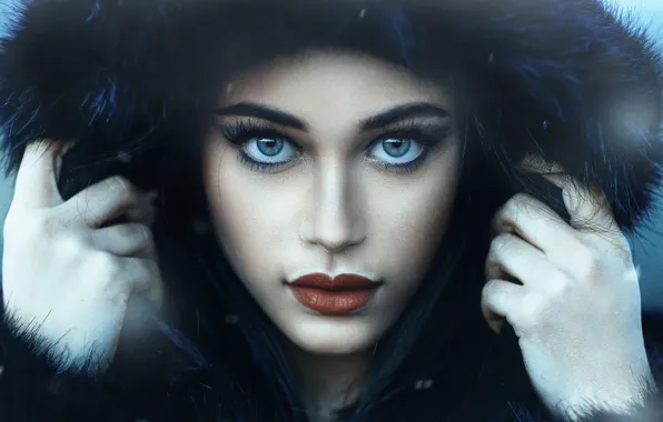 Girl, photo, blue eyes, model, lips, face, portrait, hood