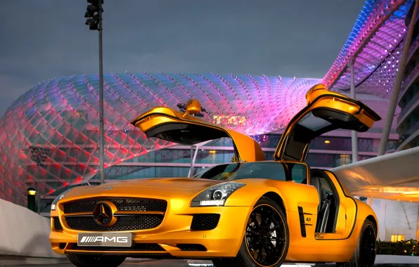 Mercedes-Benz, золотой, AMG, SLS, двери «крылья чайки»