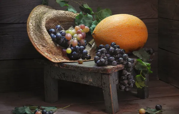 Листья, доски, шляпа, виноград, натюрморт, дыня, табурет