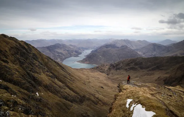 Небо, облака, горы, скала, озеро, человек, панорама, Scotland