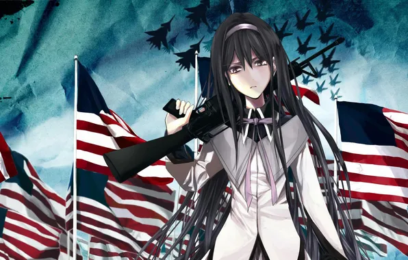 Картинка девушка, оружие, флаг, истребители, автомат, сша, akemi homura