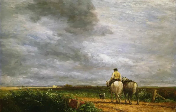 Картинка дорога, небо, пейзаж, тучи, лошадь, собака, картина, путник