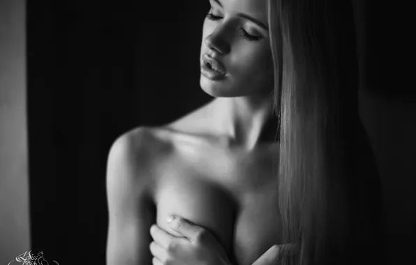 Грудь, девушка, секси, страсть, ч/б, губы, прикосновение, photographer