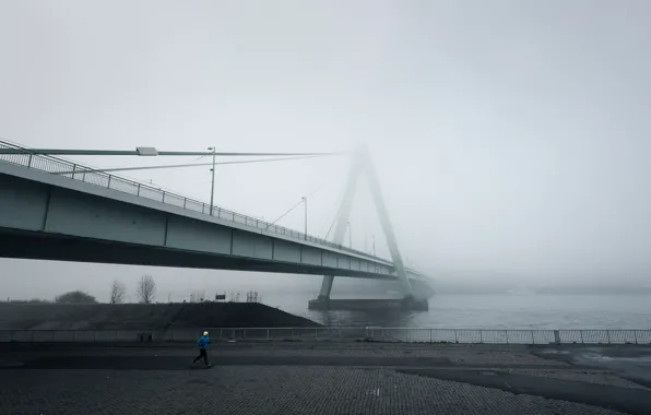 River, bridge, bricks, fog, man, cold, construction, running