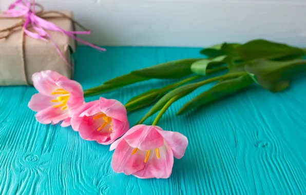 Цветы, подарок, тюльпаны, розовые, wood, pink, flowers, romantic