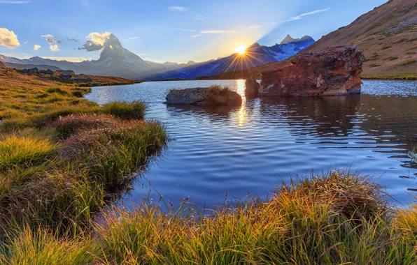 Картинка закат, горы, озеро, Швейцария, Switzerland, Zermatt, Церматт, гора Маттерхорн
