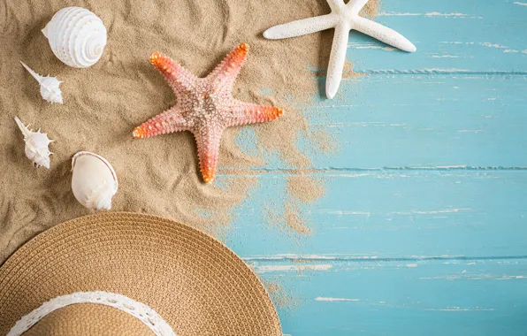 Картинка песок, пляж, лето, отдых, звезда, шляпа, ракушки, summer