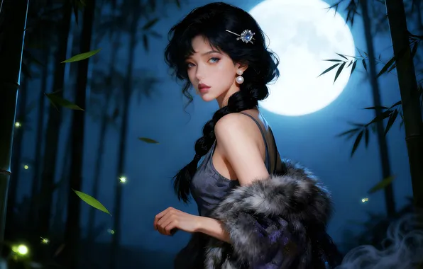 Картинка girl, moon, night, braid, brunette, jewelry, ai art
