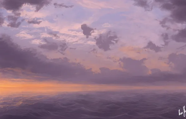 Картинка море, волны, небо, вода, облака, закат, арт