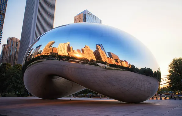 Картинка отражение, Чикаго, Chicago, Иллиноис, монумент, millennium park, Spaceship Earth, Миллениум парк