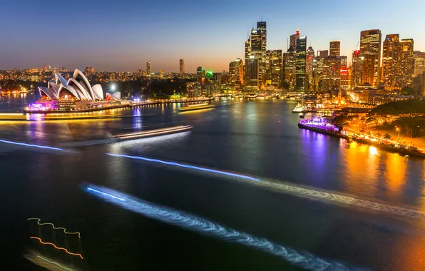 Картинка ночь, огни, дома, Австралия, Сидней, трассы, оперный театр