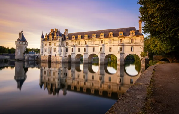 Отражение, река, замок, Франция, France, Château de Chenonceau, Замок Шенонсо, Долина Луары