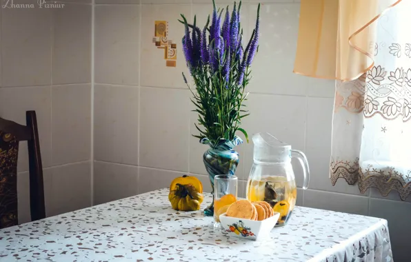Стол, Цветы, печенье, кухня, лимонад