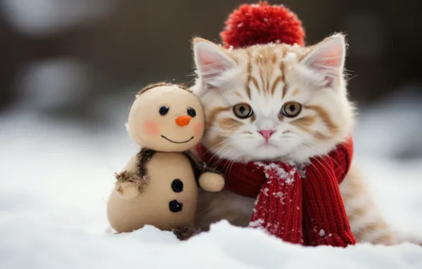 Зима, кошка, взгляд, снег, котенок, Рождество, Новый год, снеговик