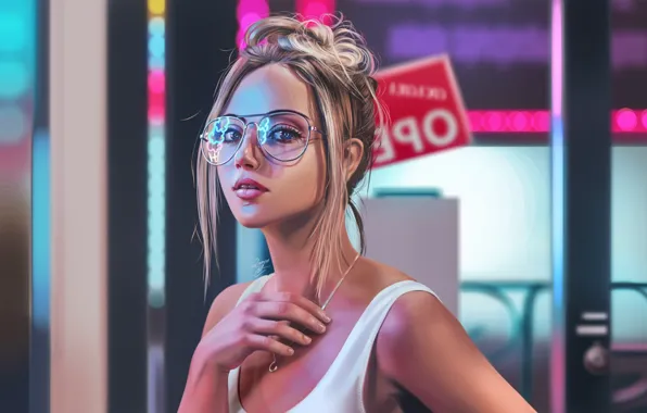 Девушка, Рисунок, Взгляд, Очки, Блондинка, Лицо, Girl, Глаза