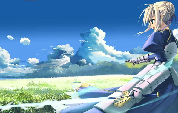 Поле, девушка, облака, меч, fate stay night, Saber