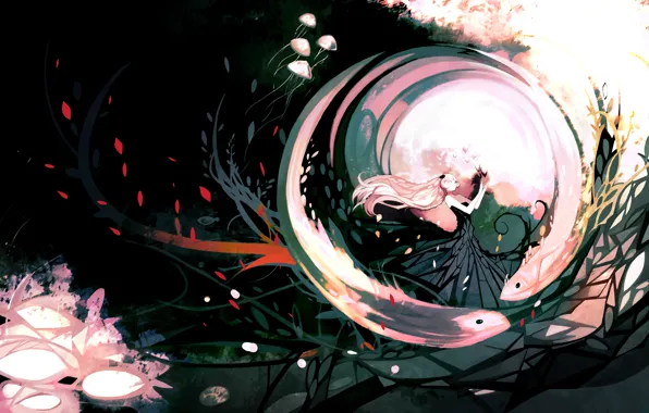 Девушка, бабочки, арт, медузы, Аниме, Anime, NanoMortis, Teardrop