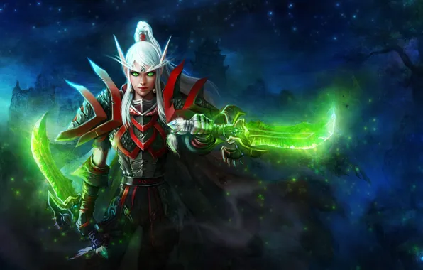 Картинка магия, арт, World of Warcraft, эльфийка, wow, кинжалы, Blood Elf Rogue