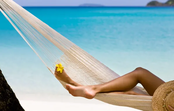 Картинка girl, sea, hammock, feet