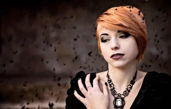 Картинка Girl, Wallpaper, Sadness, Background, Red Hair, Black Dress, Necklace, Situation