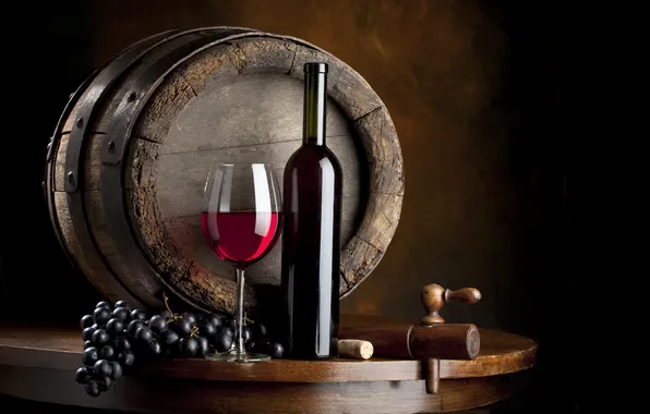 Картинка вино, красное, бокал, бутылка, виноград, бочка, бочонок