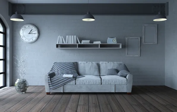 Картинка дизайн, диван, интерьер, подушки, гостиная, Sofa, Book, Clock