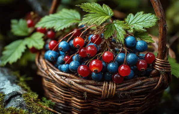 Листья, ягоды, урожай, черника, корзинка, красная, смородина, голубика