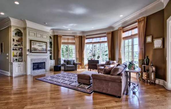 Картинка стиль, диван, интерьер, камин, гостиная