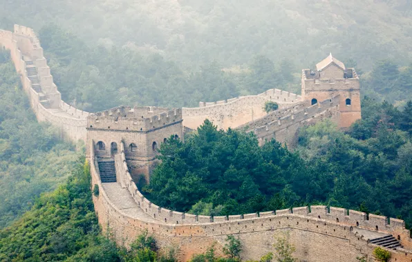 Лес, деревья, туман, Китай, Великая Китайская стена, Great Wall of China