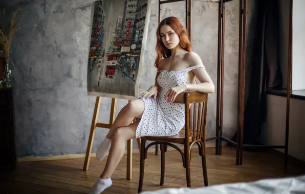 Картинка women, Nadezhda Tretyakova, polka dots, redhead, Maksim Chuprin, dress, short socks, window