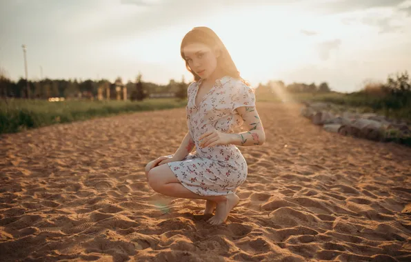 Девушка, sky, barefoot, clouds, model, sand, tattoo, women