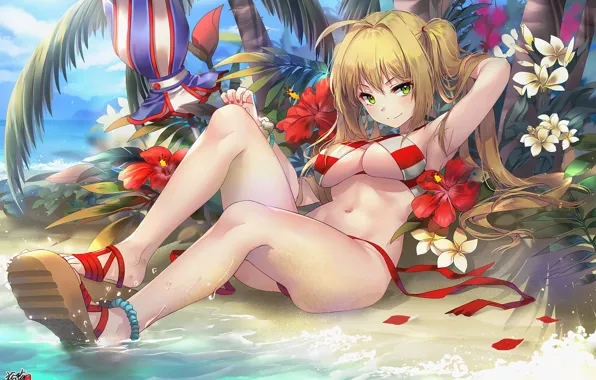 Цветы, Девушка, Купальник, Зонт, Fate / Grand Order, Судьба великая кампания