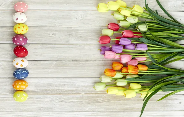 Цветы, яйца, весна, colorful, Пасха, тюльпаны, wood, flowers