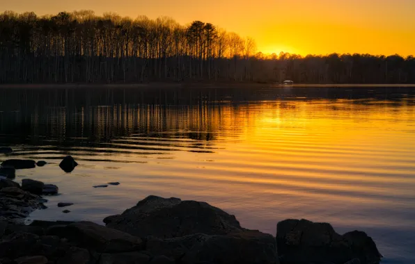 Картинка осень, закат, камни, берег, водоем