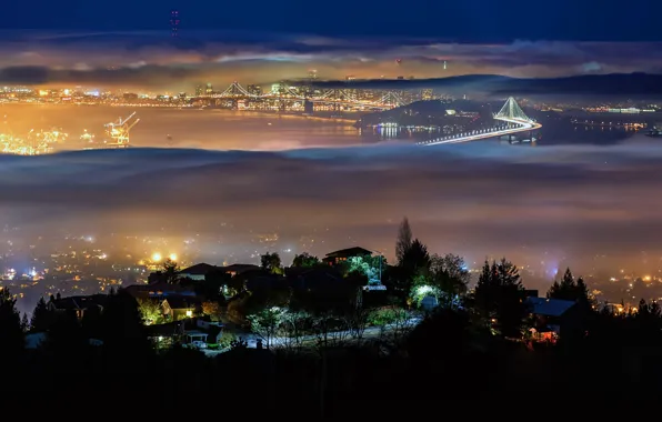 Ночь, мост, город, огни, туман, Калифорния, США, залив Сан-Фрациско