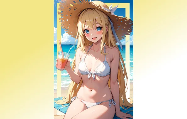 Kawaii, girl, sexy, beach, sea, ocean, hat, anime