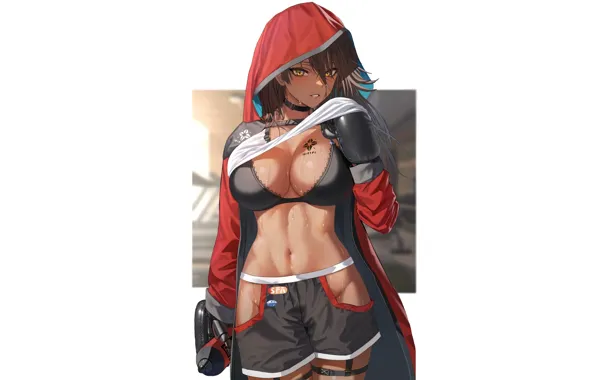 Girl, sexy, Anime, brown, coat, hood, tan, tanned skin