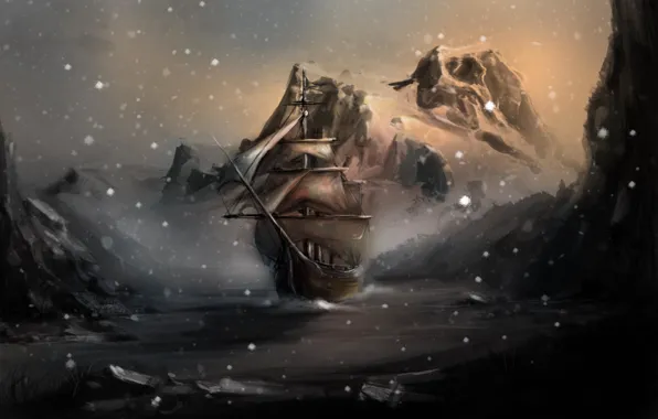 Вода, снег, скалы, корабль, арт, skyrim, Winterhold