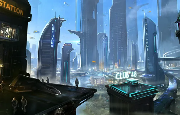 Картинка город, будущее, люди, здание, небоскребы, мегаполис