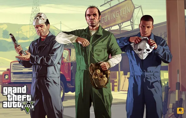 Картинка пистолет, череп, обезьяна, маски, Rockstar, gta, Grand Theft Auto V, GTA V
