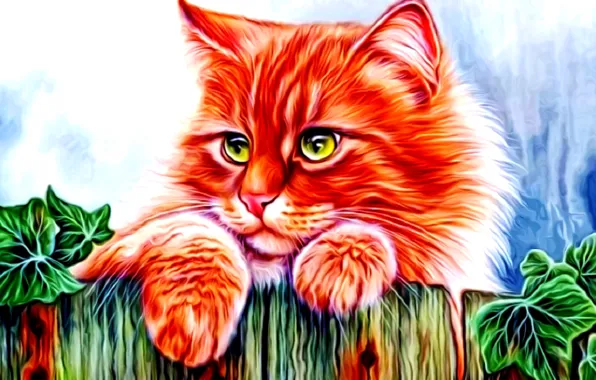 Картинка кот, взгляд, рендеринг, рисунок, пушистый, рыжий, зеленые глаза