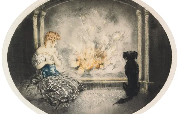 Картинка кот, собака, Золушка, 1927, у костра, Louis Icart, арт-деко