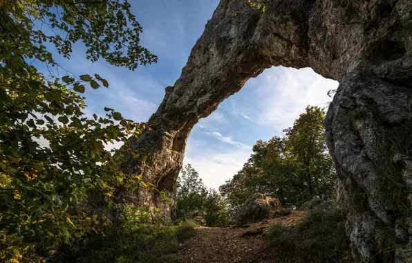 Осень, лес, небо, скала, камни, скалы, арка