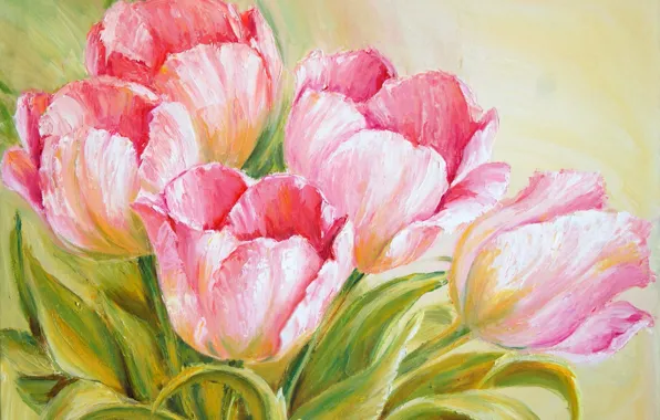 Картинка листья, цветы, краски, букет, картина, весна, тюльпаны, розовые